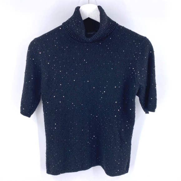 Pure Amici 100% Cashmere‎ Sequin Beaded Short Sleeve Turtleneck Sweater Small - Picture 1 of 8
